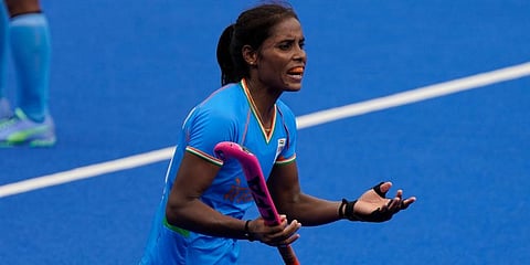 India's Vandana Katariya argues with an official on a play call during a women's field hockey match at the 2020 Summer Olympics in Tokyo, Japan. (Photo | AP)
