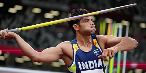 Neeraj Chopra, of India, competes in the men's javelin throw final at the 2020 Summer Olympics, Saturday, Aug. 7, 2021, in Tokyo. (Photo | AP)