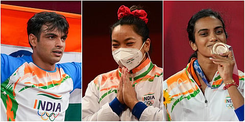 (From left) Neeraj Chopra, Mirabai Chanu and PV Sindhu. (File photo| AP and AFP)