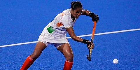 India's Gurjit Kaur intercepts a high pass during a women's field hockey semi-final match against Argentina at the 2020 Summer Olympics in Tokyo, Japan. (Photo | AP)