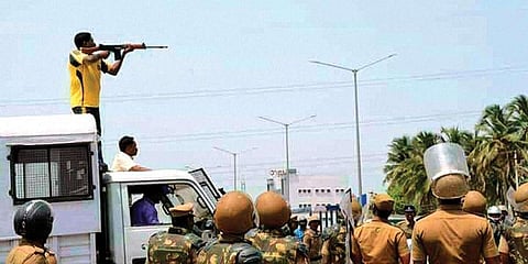 An officer targeting civilians during anti-Sterlite protests in Tuticorin in 2018. (Photo | PTI)