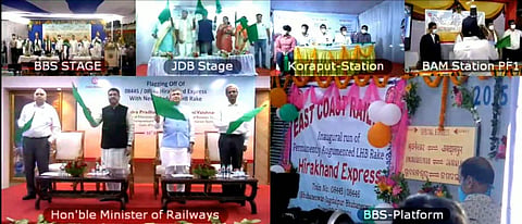 Union Minister for Railways Ashwini Vaishnaw and Education Minister Dharmendra Pradhan flagging off the new LHB coaches of Hirakhand Express on Friday. EPS