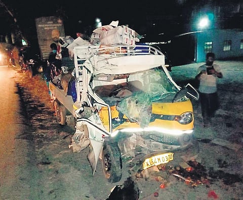The pickup van which met with the accident near Pathalam Bridge near Kalamassery on Friday night