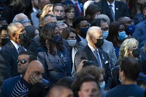 Ex-President Obama, Michelle Obama, President Joe Biden, and First Lady Dr. Jill Biden, attend commemoration of  20th anniversary of the Sept. 11 terrorist attacks on Saturday in New York. (Photo | AP