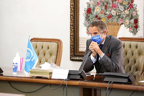 Director General of International Atomic Energy Agency, IAEA, Rafael Mariano Grossi attends a meeting with head of the Atomic Energy Organization of Iran Ali Akbar Salehi, in Tehran. (File photo | AP)