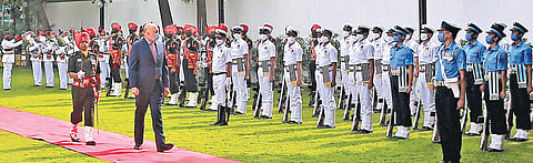 Australia’s Foreign Minister Peter Dutton reviews a guard of honour in New Delhi on Friday | shekhar yadav