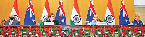 Australian ministers Peter Dutton and Marise Payne with Rajnath Singh and S Jaishankar in New Delhi on Saturday. (Photo | PTI)