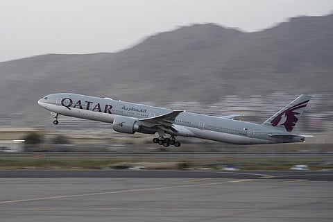 In this Sept. 9, 2021, photo, a Qatar Airways aircraft takes off with foreigners from the airport in Kabul, Afghanistan. (Photo | AP)