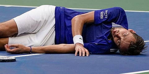 Daniil Medvedev reacts after defeating Novak Djokovic in the men's singles final of the US Open tennis championships in New York. (Photo | AP)