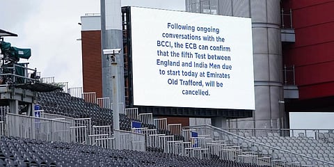 A message is displayed on a screen at Old Trafford cricket ground after fifth and final cricket Test match between England and India was canceled in Manchester, England. (Photo | AP)