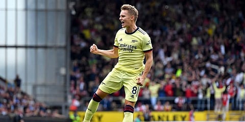 Arsenal's Martin Odegaard celebrates scoring. (Photo | AP)