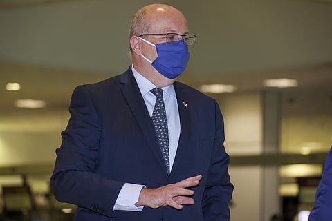 France's Ambassador to Australia Jean-Pierre Thebault gestures as he arrives at Sydney Airport, Saturday, Sept. 18, 2021. (Photo | AP)