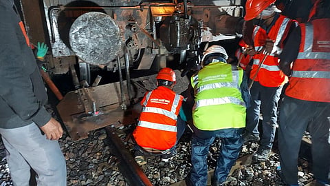 Restoration work being carried out after Mysuru-Mayiladuthurai Express with 1380 passengers onboard collided with a truck (Photo | EPS)