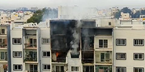 Two women were burnt to death after an accidental LPG explosion inside a flat at Ashrith Aspire apartment complex in Devarachikkanahalli. (Videograb)