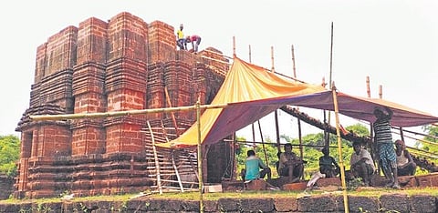 Reconstruction of Jagannath temple underway on Raibania fort premises. (Photo| EPS)