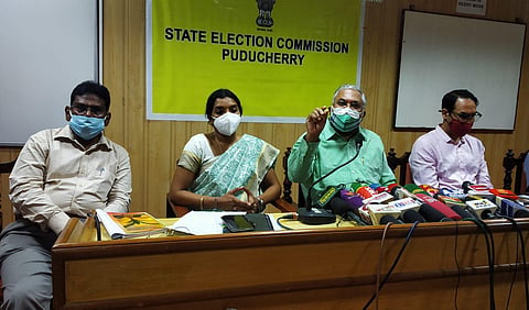 Puducherry SEC Roy P Thomas announcing the schedule for local body polls in Puducherry (Photo | Express)