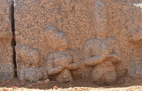 Portrait figures of a king and his two queens on the King’s Balance at the former Vijayanagara capital