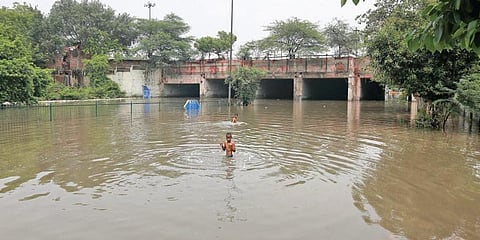 Water logging near the Prahladpur flyover. (Photo| EPS)