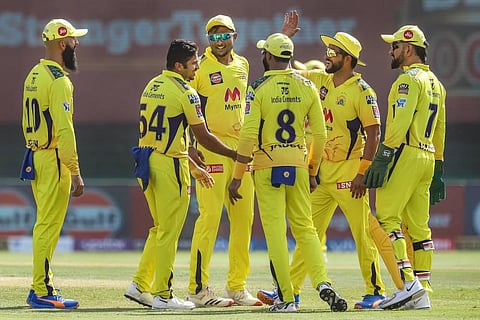Shardul Thakur of Chennai Super Kings celebrates the wicket of Venkatesh Rajasekaran Iyer of Kolkata Knight Riders during match 38 of the Indian Premier League. (Photo | PTI)