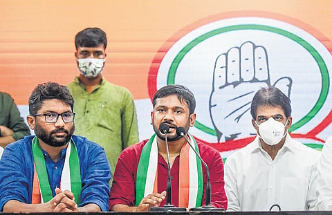Former CPI member Kanhaiya Kumar speaks to media after joining Congress in New Delhi on Tuesday | PTI