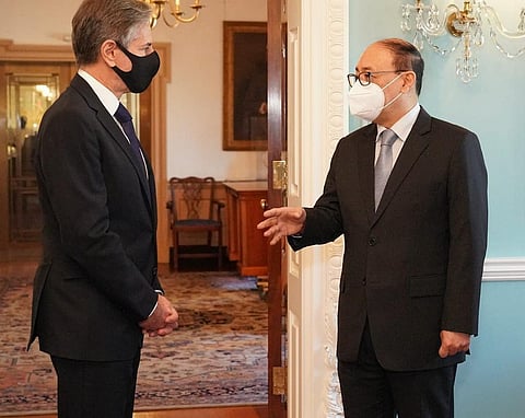 Secretary of State Antony Blinken (L) with Foreign Secretary Harsh Vardhan Shringla (R). (Photo | Twitter: @MEAIndia)