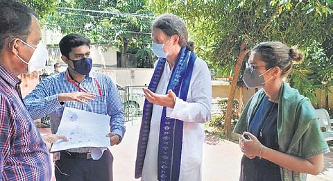 German envoy Walter J Lindner interacting with BMC officials at Iskcon temple in Bhubaneswar. (Photo I EPS)