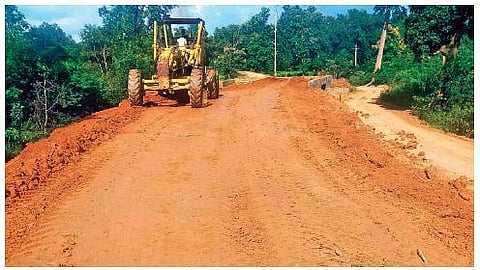 The incomplete road between Govindpalli junction and Mahupadar village. (Photo I EPS)