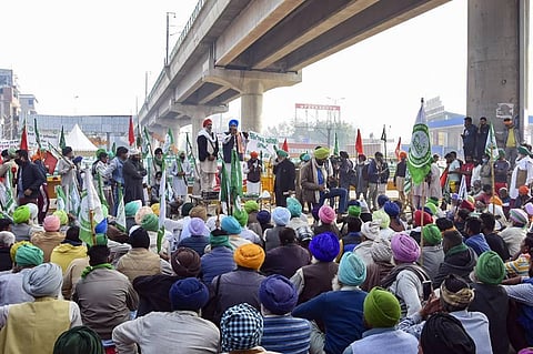 Farmers stage a protest at Tikri border during their agitation against Centre's new farm laws. (File Photo | PTI)