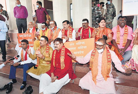 BJP legislators during their protest at the Jharkhand Assembly on Tuesday | PTI