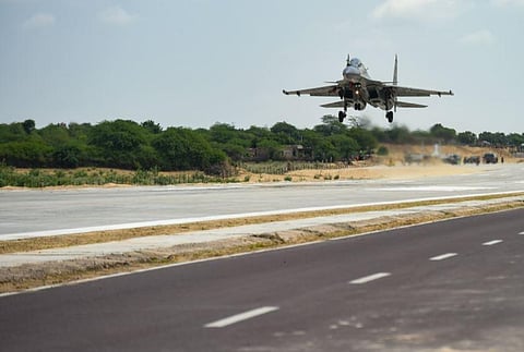 Indian Air Force Sukhoi 30 lands during inauguration of an emergency landing strip at Gandhav Bhakasar section on NH-925 in Barmer. (Photo | PTI)