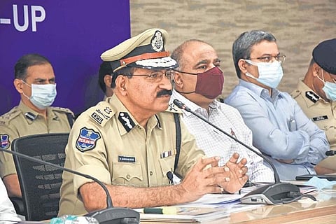 Telangana DGP M Mahender Reddy, along with senior police officials, addresses the media during the Annual Roundup 2021  in Hyderabad on Friday | R V K Rao
