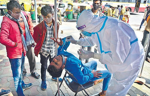A youth winces as a health worker collects swab sample for Covid test, at the Majestic bus stand in Bengaluru on Tuesday. (Photo | EPS)