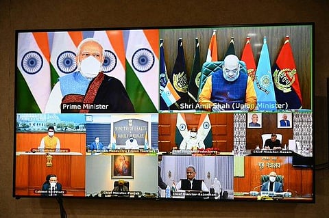 Prime Minister Narendra Modi on Thursday interacted with chief ministers over the COVID-19 situation in the country. (Photo | Twitter)