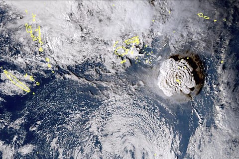 The satellite image shows an undersea volcano eruption at the Pacific nation of Tonga. (Photo | AP)