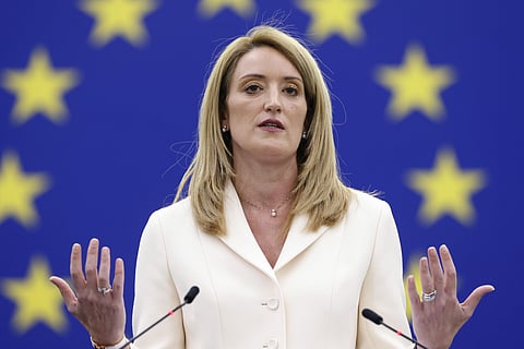 Christian Democrat Roberta Metsola of Malta delivers a speech at the European Parliament, in Strasbourg, eastern France, Tuesday, Jan 18, 2022. (Photo | AP)