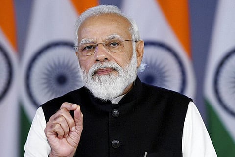 Indian Prime Minister Narendra Modi addresses the Davos Agenda 2022, via virtual meeting, in New Delhi. (Photo | AP)