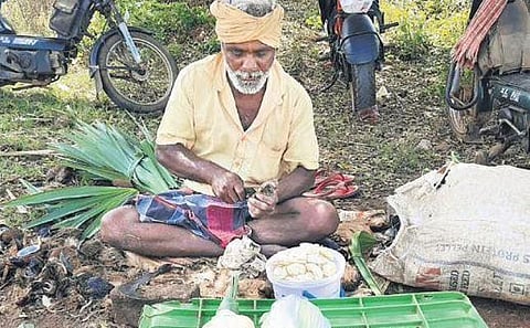 A roadside vendor cuts palmyra palm seeds to take out thavun in Tenkasi district | Express