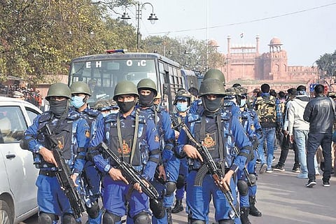 Delhi Police team at a recent mock drill in Chandni Chowk (Photo | PARVEEN NEGI, EPS)
