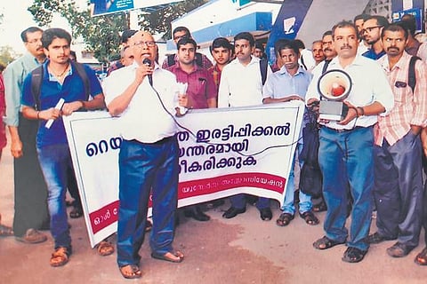 K J Paul Manvettam leading an agitation demanding the  doubling of the Ernakulam-Kottayam rail route