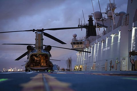 Heavy-Lift Helicopters before departing the port of Brisbane, Australia, to provide humanitarian assistance to the Government of Tonga. (Photo | AP)