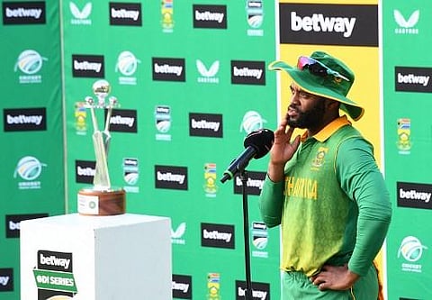 South Africa's Temba Bavuma speaks during a presentation ceremony after the third ODI match between South Africa and India at Newlands Stadium in Cape Town, Jan 23, 2022. (Photo | AFP)