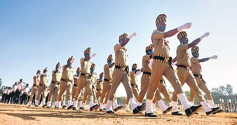 A police contingent marches during a full-dress rehearsal ahead of Republic Day, at the Manekshaw Parade Grounds  in Bengaluru on Monday |  Ashishkrishna HP