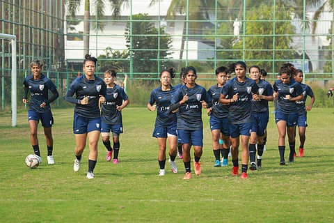 Indian Women's football team during practice session (Photo | Twitter, @IndianFootball)