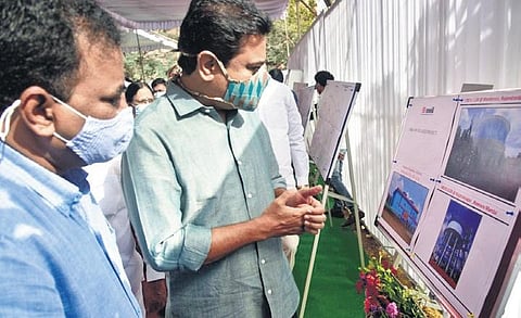 Telangana MAUD Minister K T Rama Rao after laying the foundation stone laying ceremony for the ORR(Water Supply) Phase-2 works at Alkapur on Monday