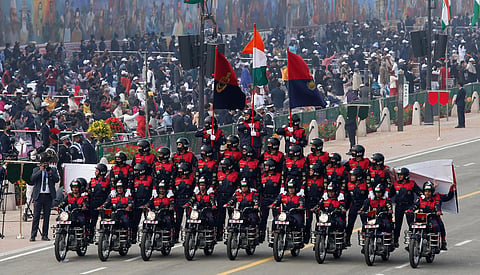 Border Security Forces all-women motorcycle team Seema Bhawani during the Republic Day Parade 2022, at Rajpath in New Delhi. (Photo | Shekhar Yadav, EPS)