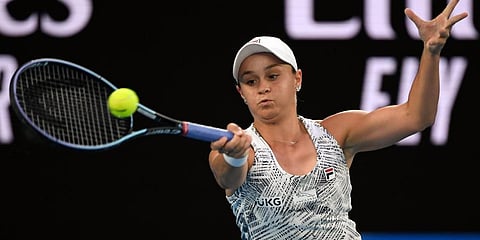 Ash Barty of Australia plays a forehand return to Madison Keys of the U.S. during their semifinal match at the Australian Open tennis championships in Melbourne, Australia, Jan 27, 2022. (Photo | AP)