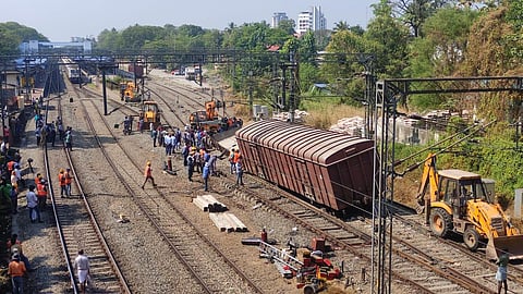 Cranes in service to remove the wagons that got derailed at Aluva on Friday. (Photo | A Sanesh, EPS)
