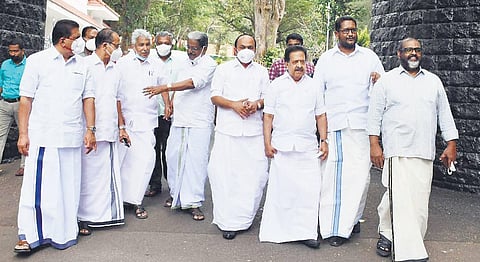 Leader of Opposition V D Satheesan and other UDF leaders returning from Raj Bhavan after meeting Governor Arif Mohammed Khan with a plea to him to not sign the ordinance amending the Kerala Lok Ayukta