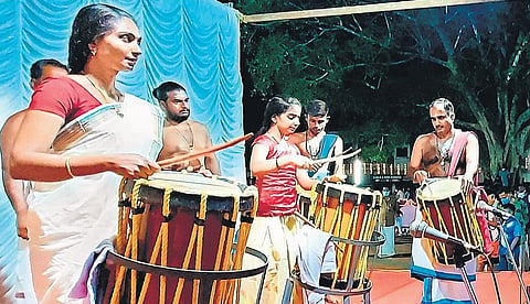 Thrithala Sreeni Poduval, Sreepriya and Sreeparvathy performing thayambaka at Chinakathoor temple in Palappuram, Ottappalam (Photo| Express)