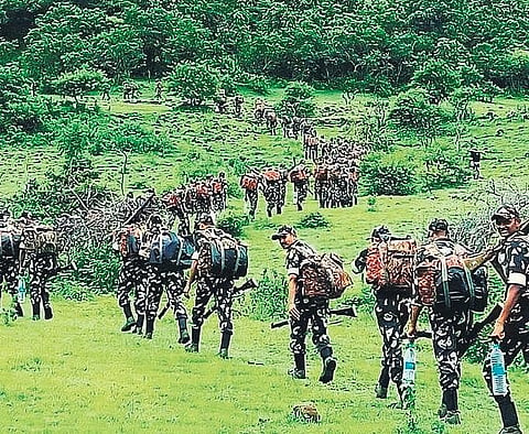 Security forces leave for combing operations in the Maoist-hit villages  in Mulugu district on the Telangana- Chhattisgarh border on Sunday